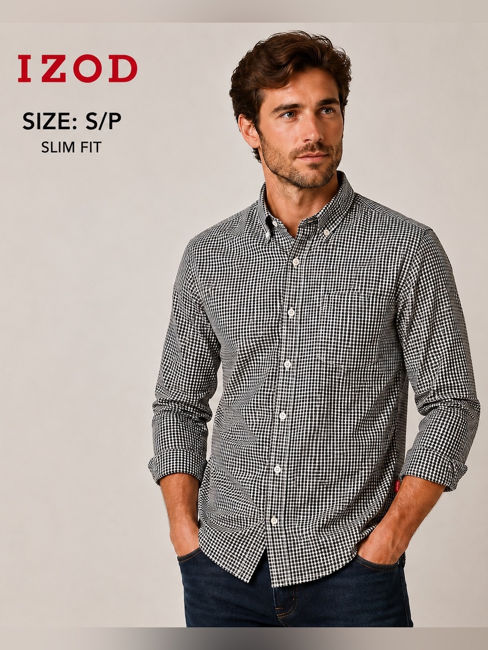 IZOD Men’s Small Slim Fit Gingham Button Down Shirt Black White Long Sleeve